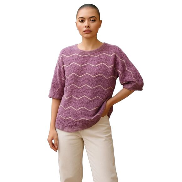 Womens M L Hand Knit Handmade Purple Short Sleeve Sweater Grannycore Cottage - Picture 1 of 12